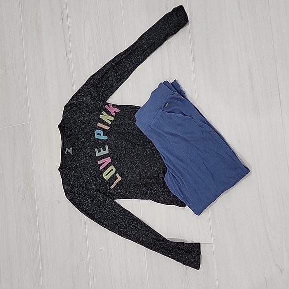 PINK Victoria's Secret Other - Victoria's Secret PINK Pajamas PJs 2 Piece Pink Blue Dark Grey Top Jogger Bottom